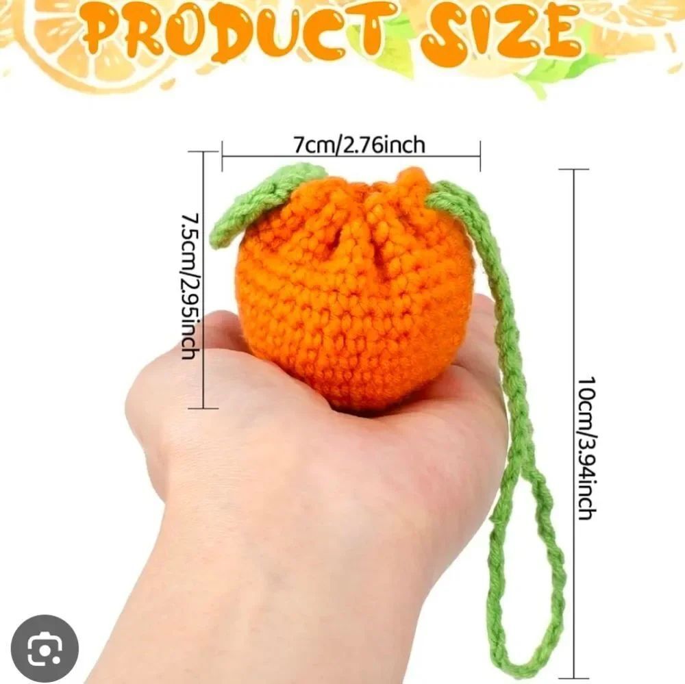 Handmade Crochet Orange Coin Purse – Fruit Drawstring Pouch Airpods Keyfob Candy - Picture 9 of 12